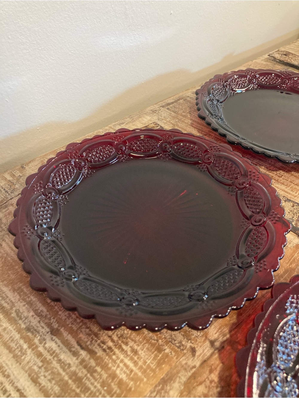 4 Avon Ruby Red Glass Luncheon Salad Dessert Plates 1876 Cape Cod Sunburst Back - Picture 6 of 16
